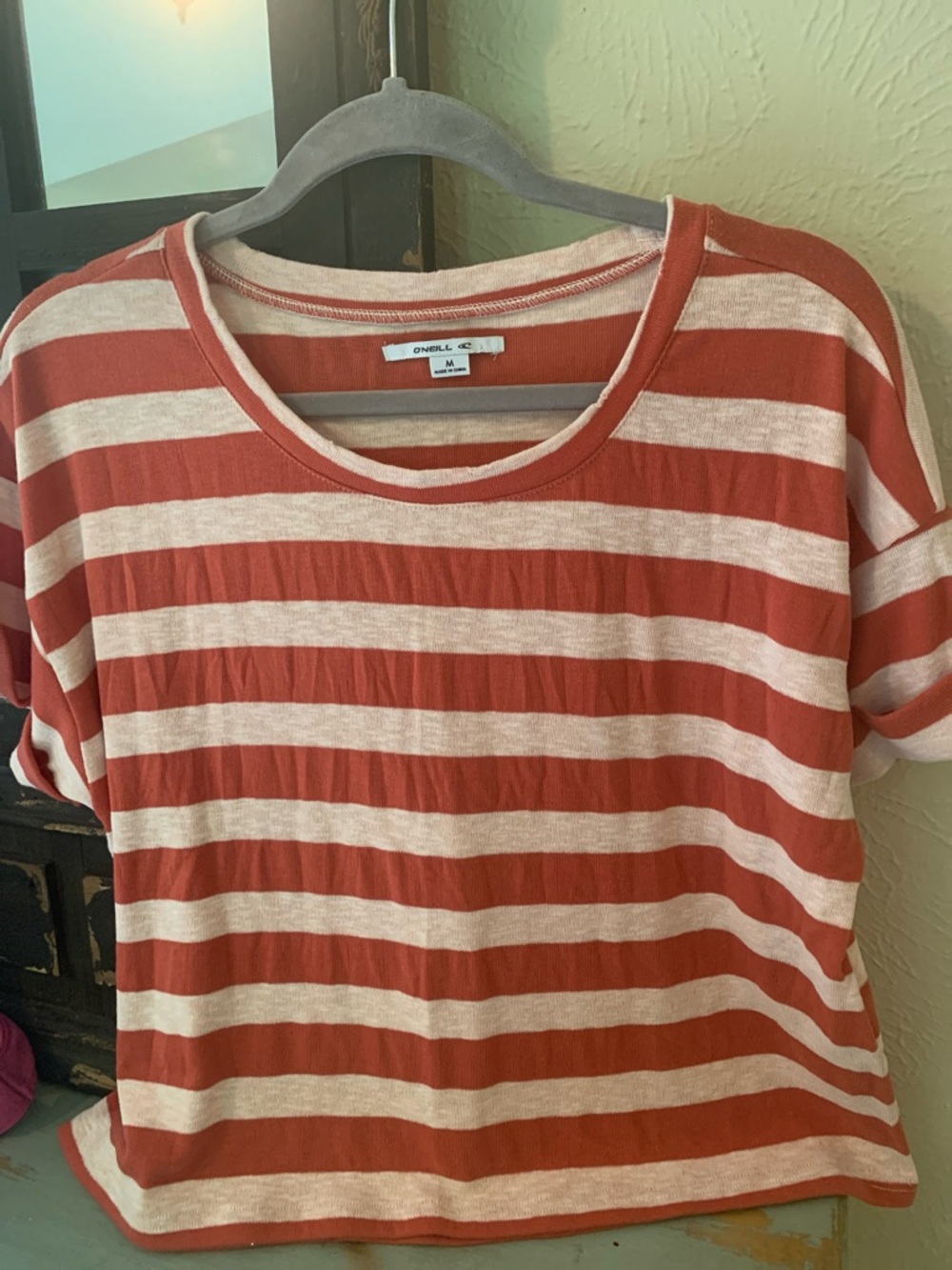 O'Neill Rust and Cream Striped Short-Sleeve Top